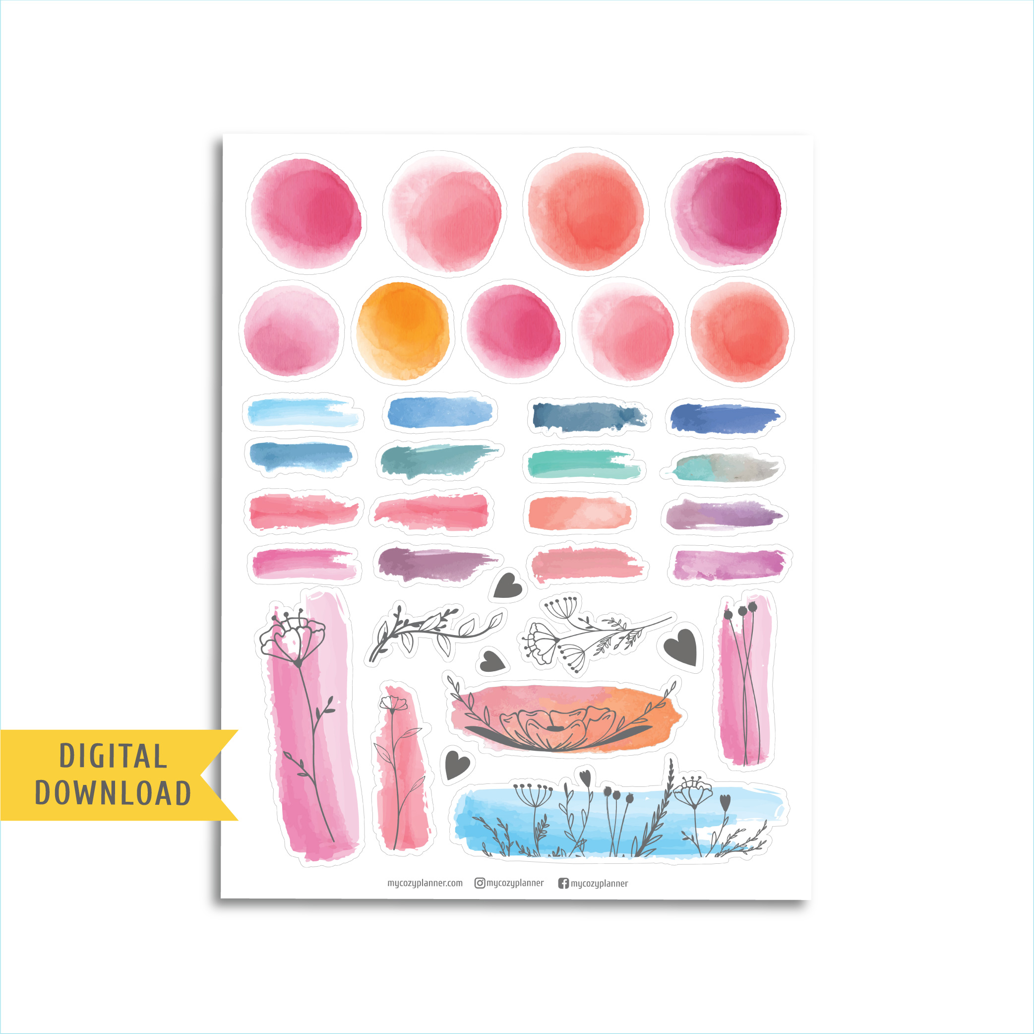 Watercolor Flowers Stickers. Free Printable Planner Stickers. - MY COZY ...