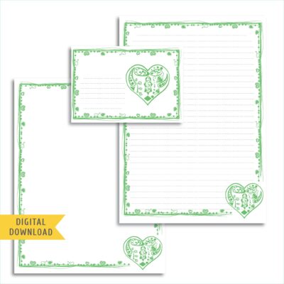 Green Heart Writing Paper and Envelope. Instant Download