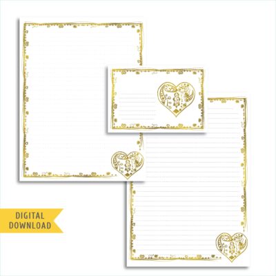 Gold Heart Writing Paper and Envelope. Instant Download.