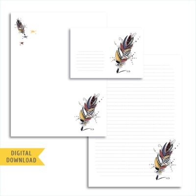 Colorful Feather Writing Paper and Envelope. Instant Download