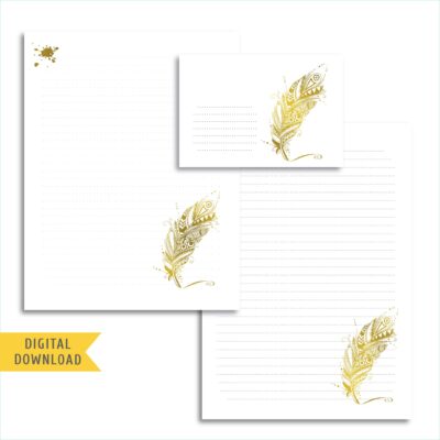 Gold Feather Writing Paper and Envelope. Instant Download