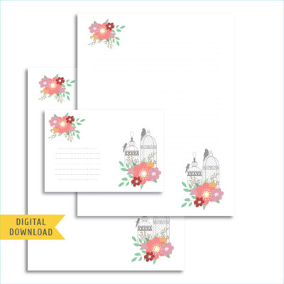 Birds and Flowers Writing Paper and Envelope. Instant Download.
