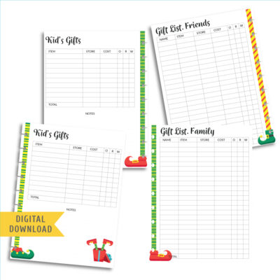 Christmas Gift List Pages. Instant Download.