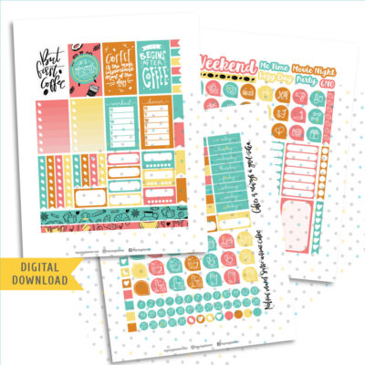Coffee Doodle Sticker Kit. Printable Planner Stickers.