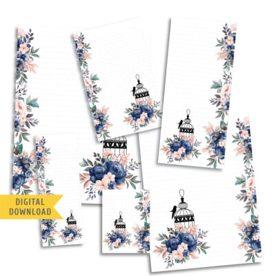 Printable Blue Flowers and Birds Note Planner Pages