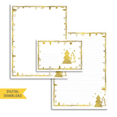 Golden Christmas Writing Paper and Envelope. Instant Download.