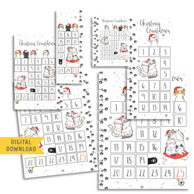 Christmas Cat Countdown Planner Pages. Instant Download.