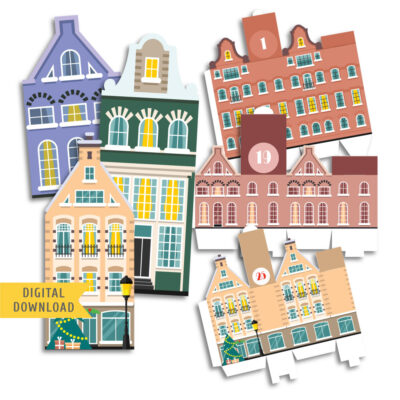 Christmas City Advent Calendar. Printable Christmas Decor.