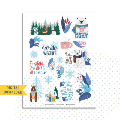 Cute Winter Animal Stickers. Printable Planner Stickers.