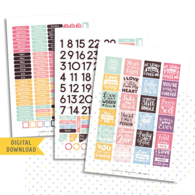 Doodle Love Monthly Sticker Kit. Printable Planner Stickers.