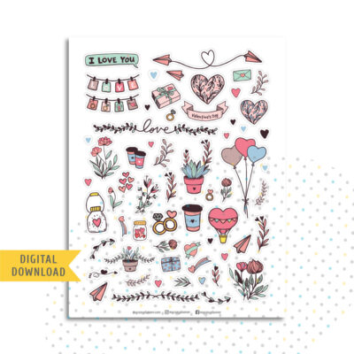 Doodle Love Stickers. Printable Planner Stickers.