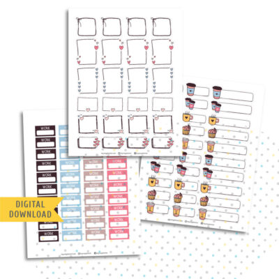 Doodle Love and Work Stickers. Printable Planner Stickers.