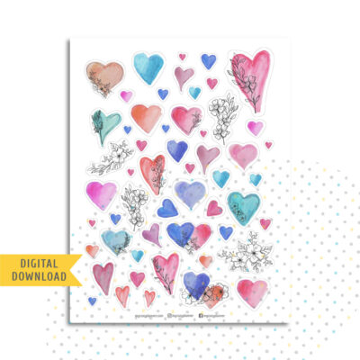 Watercolor Heart Stickers. Printable Planner Stickers.