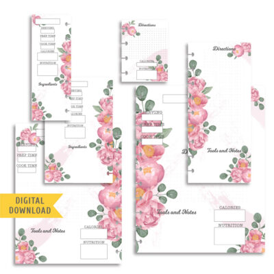 Pink Bloom Recipe Planner Pages. Instant Download.