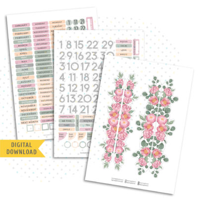 Pink Bloom Monthly Sticker Kit. Printable Planner Stickers.