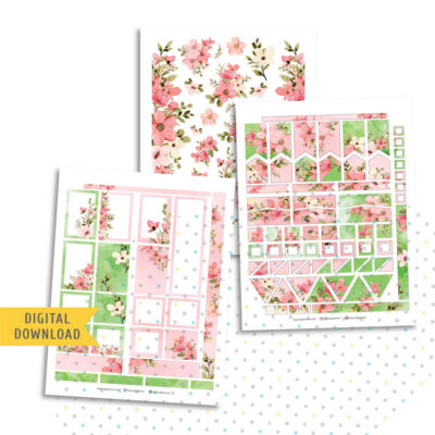 Pink Flowers Box Stickers. Printable Planner Stickers.