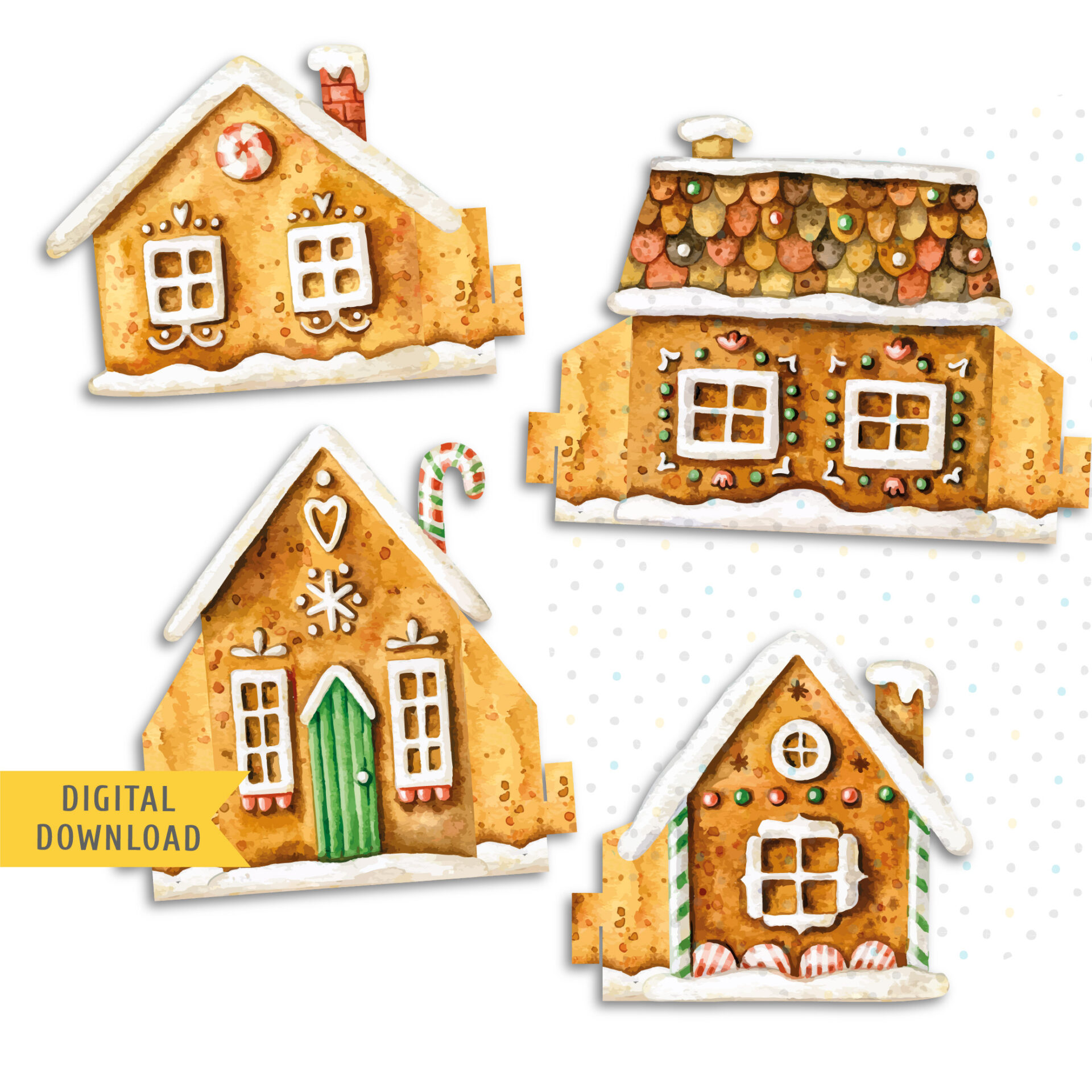 Small Gingerbread Houses. Printable Christmas Decor.