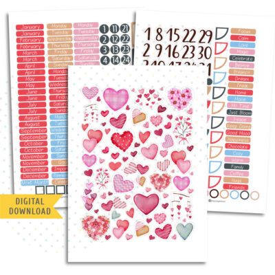 Watercolor Love Monthly Sticker Kit. Printable Planner Stickers.