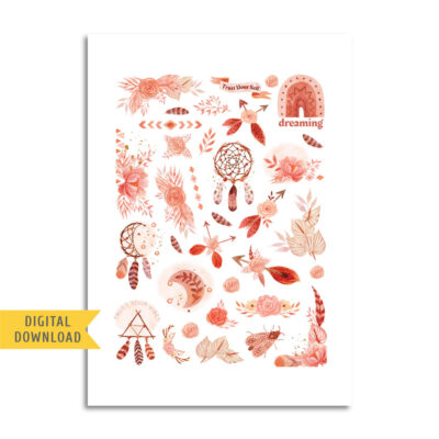 Pink Boho Chic Stickers. Printable Planner Stickers.