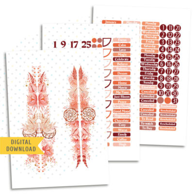 Pink Boho Chic Monthly Sticker Kit. Printable Planner Stickers.