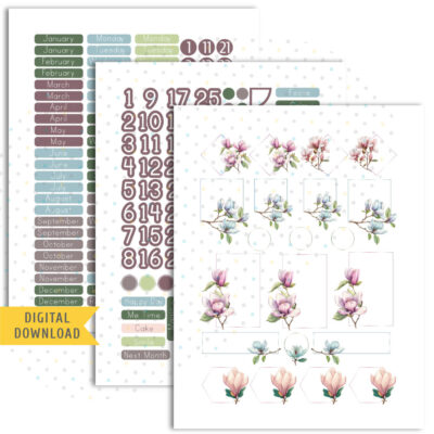 Spring Magnolia Monthly Sticker Kit. Printable Planner Stickers.
