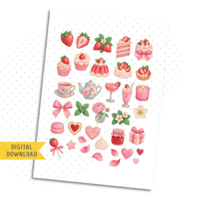 Strawberry Cakes Stickers. Printable Planner Stickers.